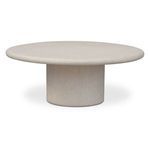 Round outdoor coffee table with hand-finished textured concrete top and bold cylindrical pedestal base in light gray