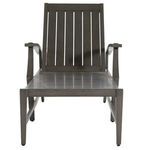 Back view of outdoor chaise showing vertical plank design on dark wood backrest without cushions