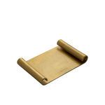 Angled view showing depth and curled edges of brass-toned serving scroll tray
