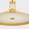 Clermont Pendant with sharply tapered conical brass shade and flat alabaster diffuser, suspended from ceiling