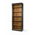 Right side angle of Ivy Bookcase highlighting the worn black finish and natural wood grain of shelves
