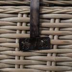Extreme close-up of leather strap attachment with visible stitches on trunk surface