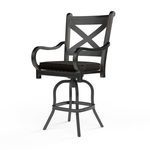 Monterey Counter Stool with curved arms, X-back, swivel aluminum frame, Old World Copper finish, black seat cushion