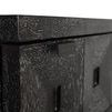 Close-up on upper left corner showing drawer handle and textured wood grain on console