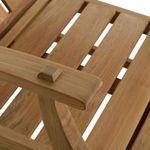 Close-up of smooth teak armrest with wooden peg detail on slatted chaise frame