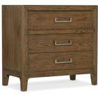 Three-drawer nightstand in warm brown Sorrel finish with visible woodgrain and pewter hardware