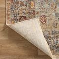 Rug corner flipped over to display the woven backing with faded muted pattern visible