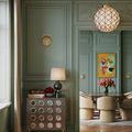 Polyhedron Pendant in green paneled room above mid-century modern dresser and lamp near dining area