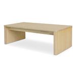 Coffee table angled view showing thickness of stone top and wooden support panels