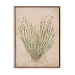 Ocotillo painting by Paul Meyer shows green spiky branches with small bright red flowers on a beige textured background