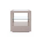 Back view showing seamless taupe gray oak finish without drawer handle
