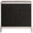 Back view of nightstand showing black panel with built-in power outlets and cable management hole