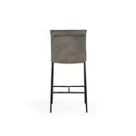 Straight rear view of Mayer Stool with visible iron frame and smooth grey leather backrest