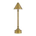 Traipse lamp base showing on/off button illuminated with red light on textured brass