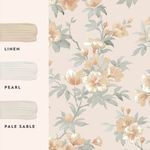 Rosamund wallpaper with three paint swatches labeled Linen, Pearl, and Pale Sable alongside