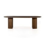 Front view highlighting clean oval table edge and paired arched legs in caramel wood finish.
