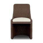 Blaire Outdoor Dining Chair with textured brown woven frame and cushioned beige seat, clean-lined tailored silhouette