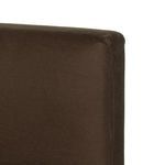 Corner view focusing on base and side of bed frame with brown linen slipcover, no mattress