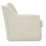 Side angled view detailing barrel back crown and vertical ribbed upholstery texture