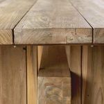 Rectangular elm tabletop with beam stretcher and plank legs viewed from short side
