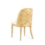 Back angle view highlighting the richly textured burl wood grain covering the backrest and legs