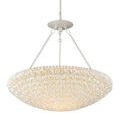 Virtu Chandelier lit, viewed straight on with emphasis on the delicate layered shell petals