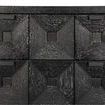 Close crop on six faceted drawer fronts with small black metal handles on Musashi Walnut console
