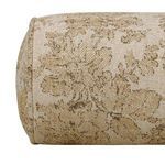 Close-up of light beige April Bolster Pillow showing rounded end stitching and damask pattern