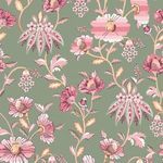 Friendship Garden Sage wallpaper with jacobean floral pattern in pink, white, yellow on khaki green matte background