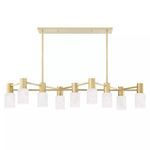 Rectangular 9-light island fixture with brushed brass finish and white marbled glass shades