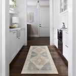 Luca Denim/Ivory runner rug styled in a modern white kitchen hallway with dark hardwood floors