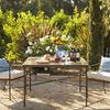 Pair of Provence Dining Chairs with blue patterned pillows around outdoor glass dining table in garden setting
