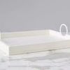 White Bianca Rectangle Tray with sleek rectangular shape, natural wood finish, and round white handles on marble surface