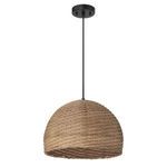 Dome-shaped woven pendant light with natural handwoven texture and black ceiling mount