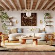 Pendant light hanging centrally above a modern living room with wooden furniture and white walls