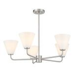 Side perspective of downward facing Blair chandelier with soft white shades and satin nickel finish