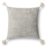Light grey square pillow with tribal diamond block print on cotton fabric and natural cotton tassels at each corner