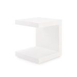 Essential Tea Table with cubist silhouette, sharp angular shape, white matte finish, and open C-shaped design