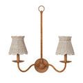Another angled view of double-arm chandelier showing pair of whitewashed seagrass tapered shades lit