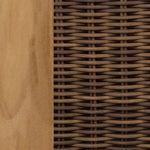 Close-up of woven resin wicker in black beside teak wood arm detail