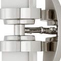 Close-up of nickel mounting bracket and hardware with polished reflective surfaces