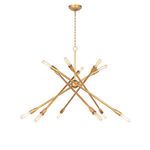 Large natural brass chandelier with multiple crisscrossing metal arms and tubular bulbs at each end