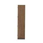 Narrow side profile of cabinet showing smooth oak wood finish without doors visible