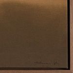 Zoomed detail of painting’s muted brown canvas surface near artist’s signature in bottom right corner