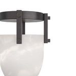 Side view highlighting alabaster shade curvature and iron frame attachment with rivet details