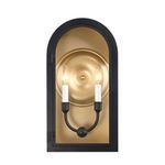 Matte black outdoor wall lantern with arched shape, two vintage gold candle-style lights behind clear glass panes