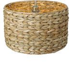 Close-up interior top view of pendant light showing woven shade texture and brass fixture