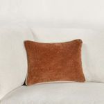 Harriet Velvet Throw Pillow styled on light gray sofa, contrasting with the rust brown color