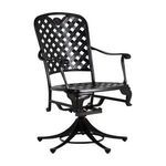 Black aluminum lattice rocker chair with white seat cushion, side angled view
