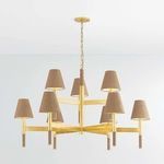 Lindenwood chandelier features aged brass frame with woven grasscloth shades and wrapped stem accents on six arms.